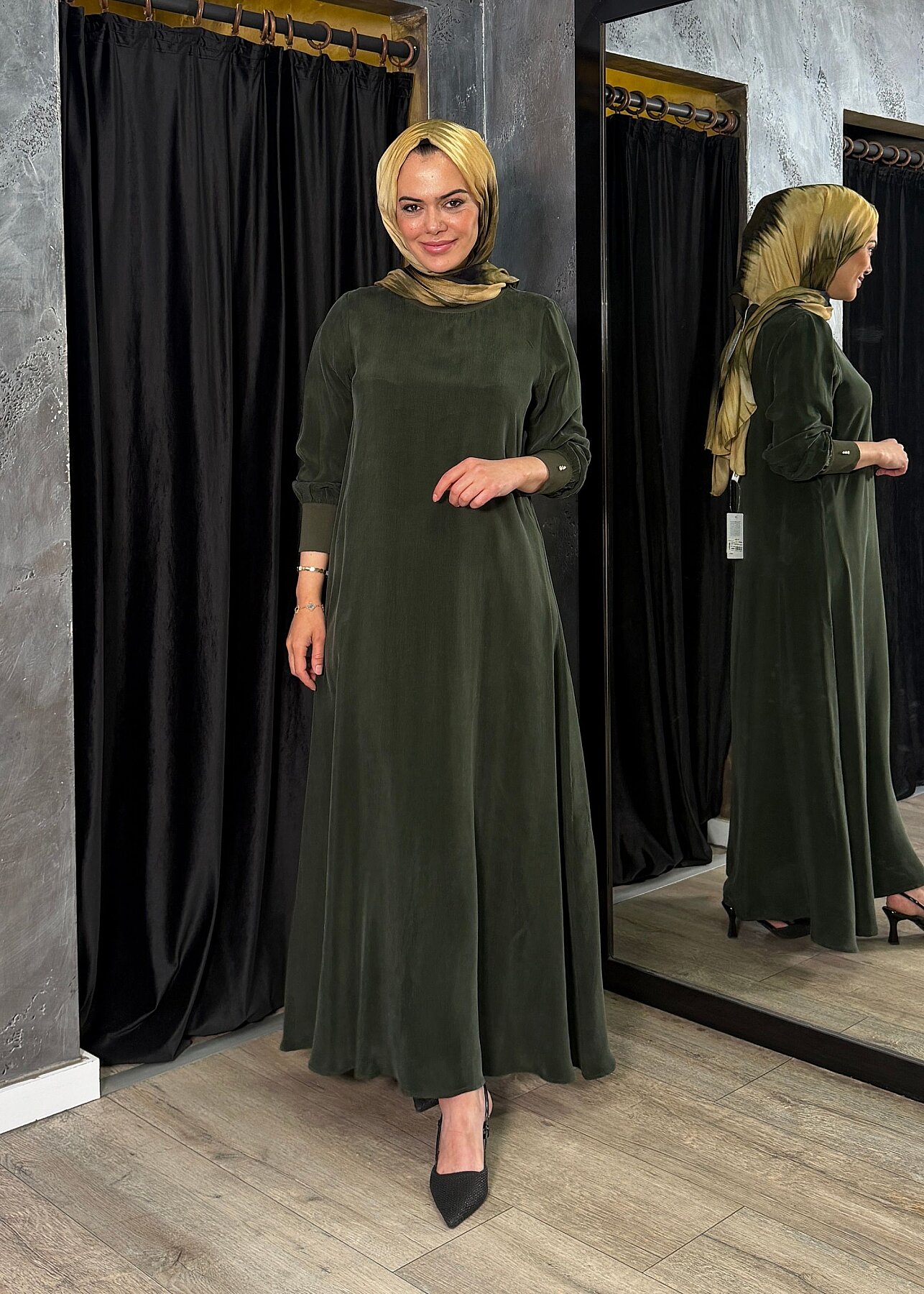 Miss Dalida Yuvarlak Yaka Cupro Uzun Elbise KHAKİ - 1