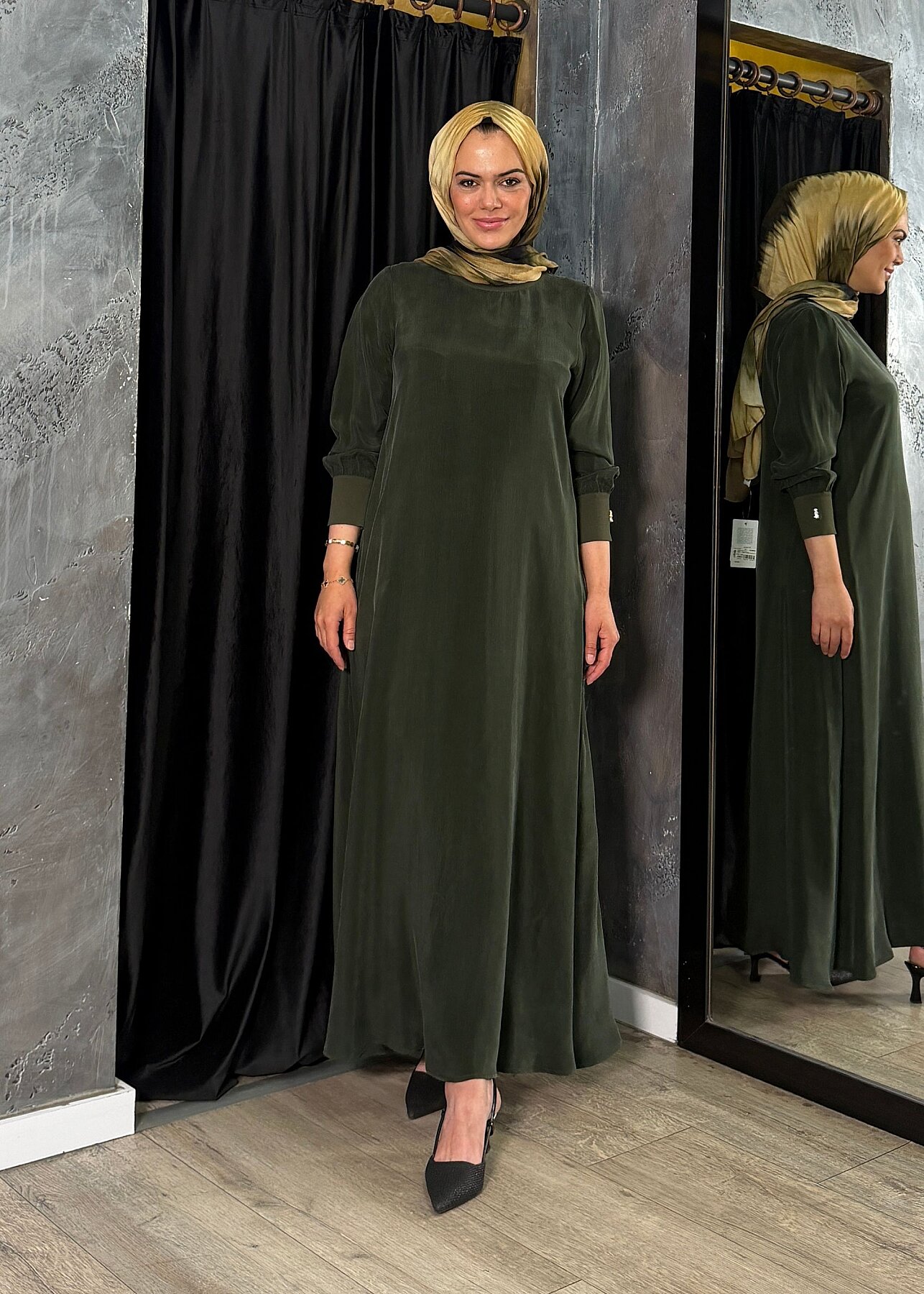 Miss Dalida Yuvarlak Yaka Cupro Uzun Elbise KHAKİ - 7