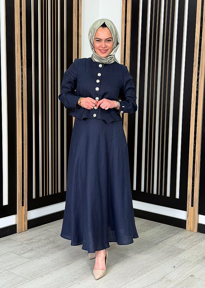 MissDalida Beli Lastikli Rahat Kesim Keten Etek Dark Navy Dark Navy