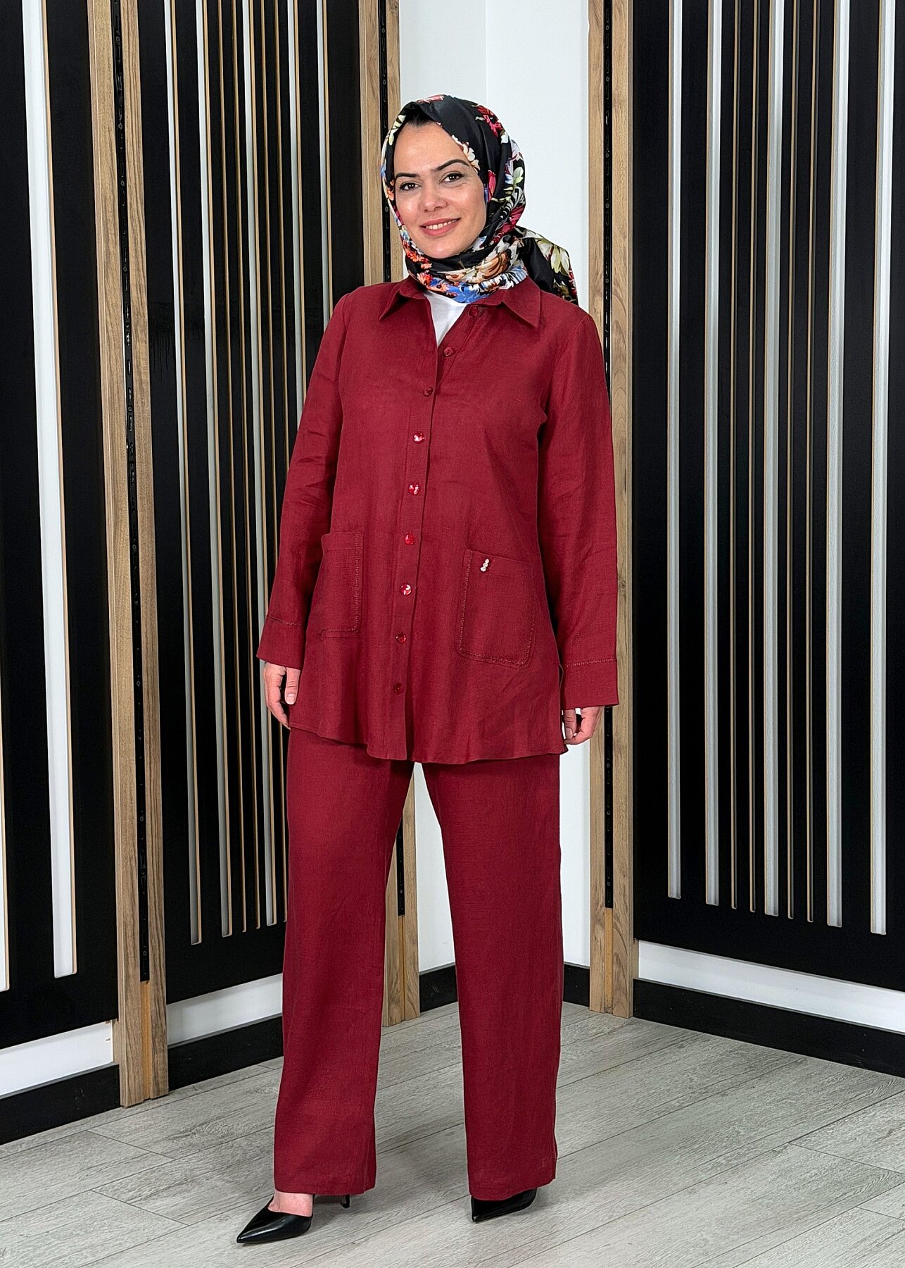 MissDalida Bol Paça İpek Keten Pantolon Cherry - 3
