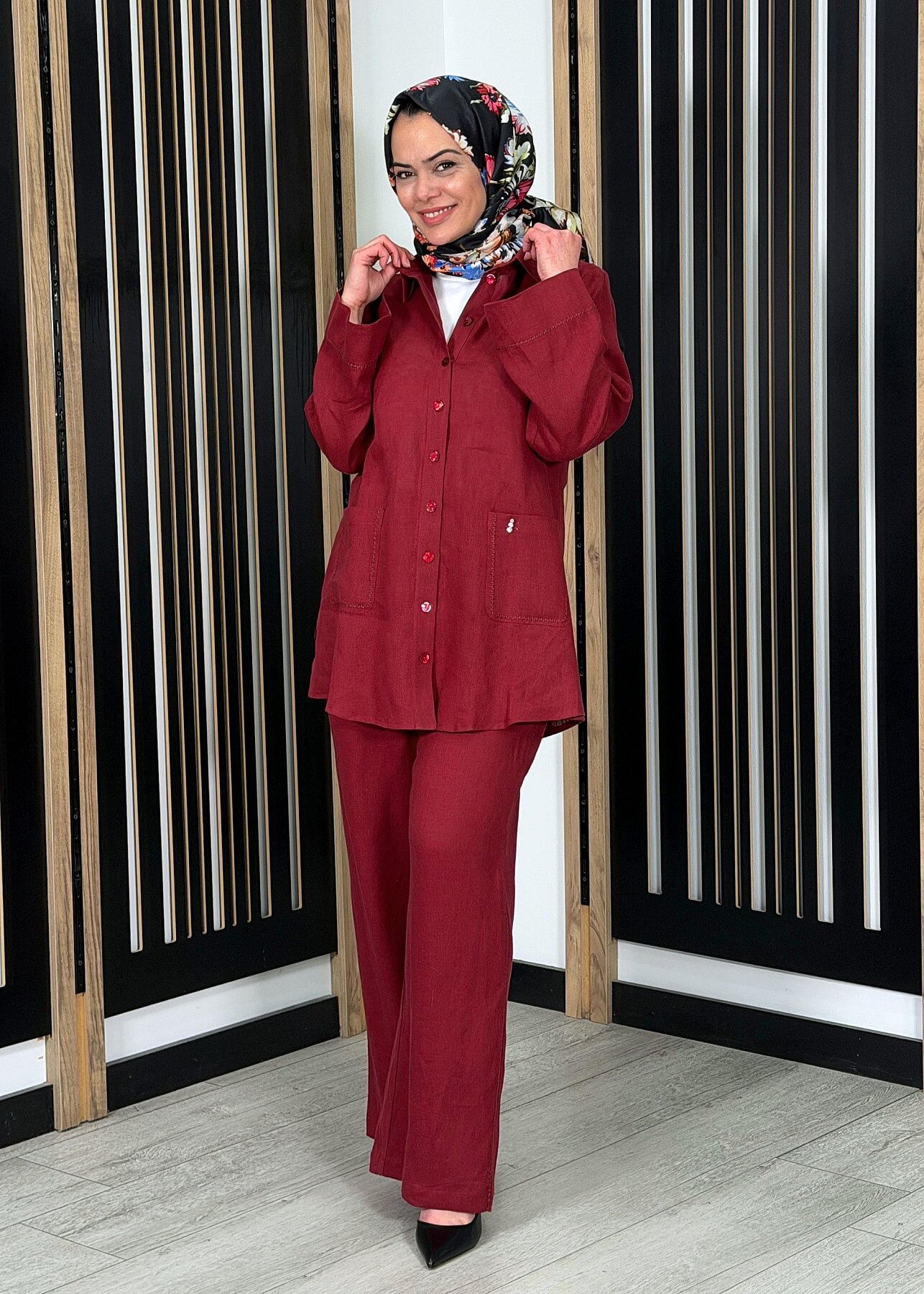 MissDalida Bol Paça İpek Keten Pantolon Cherry - 4