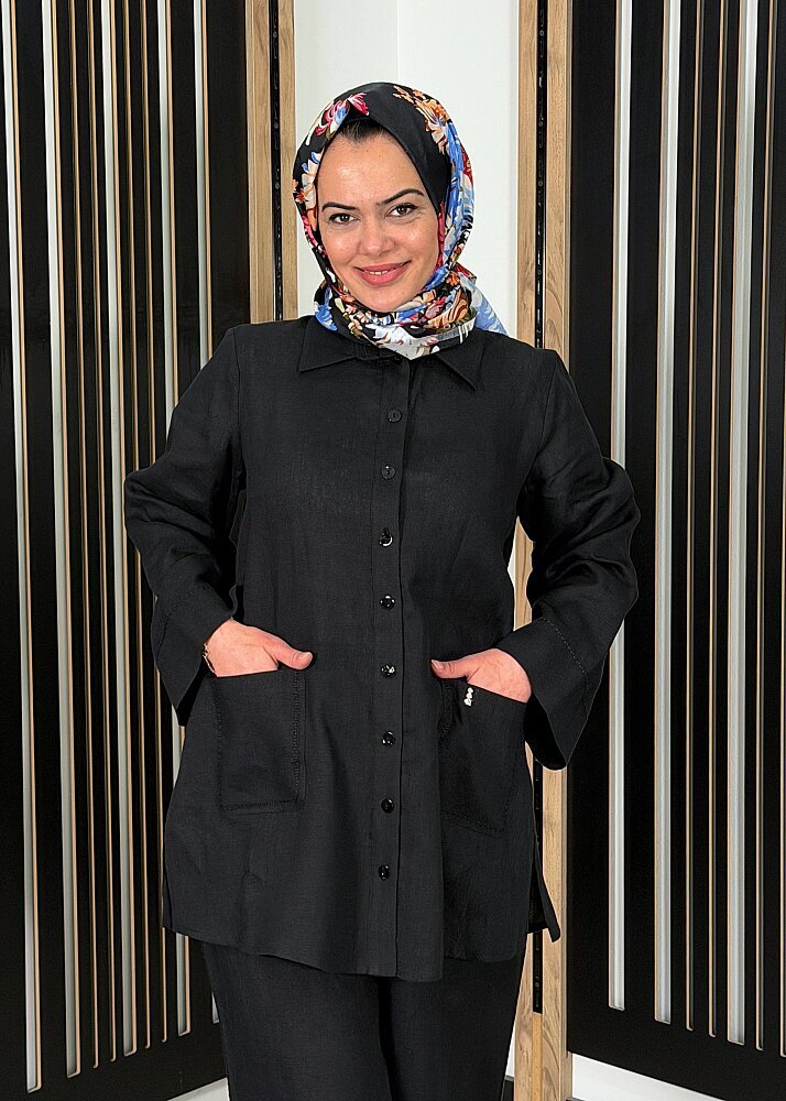 MissDalida Minimal Nakışlı Cepli Keten Gömlek BLACK (1)
