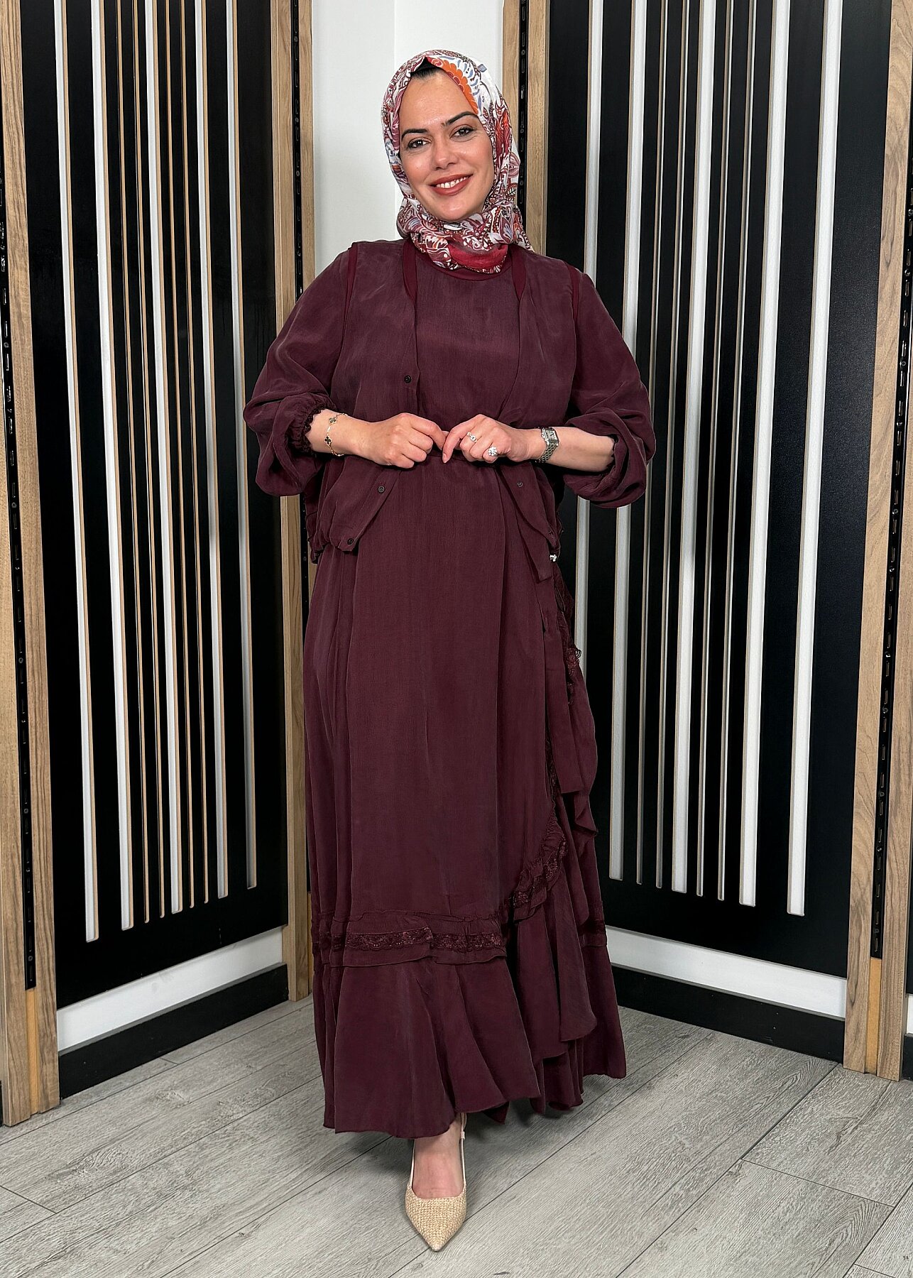 MissWhence Dantel Detaylı Yelekli Elbise BORDO - 4