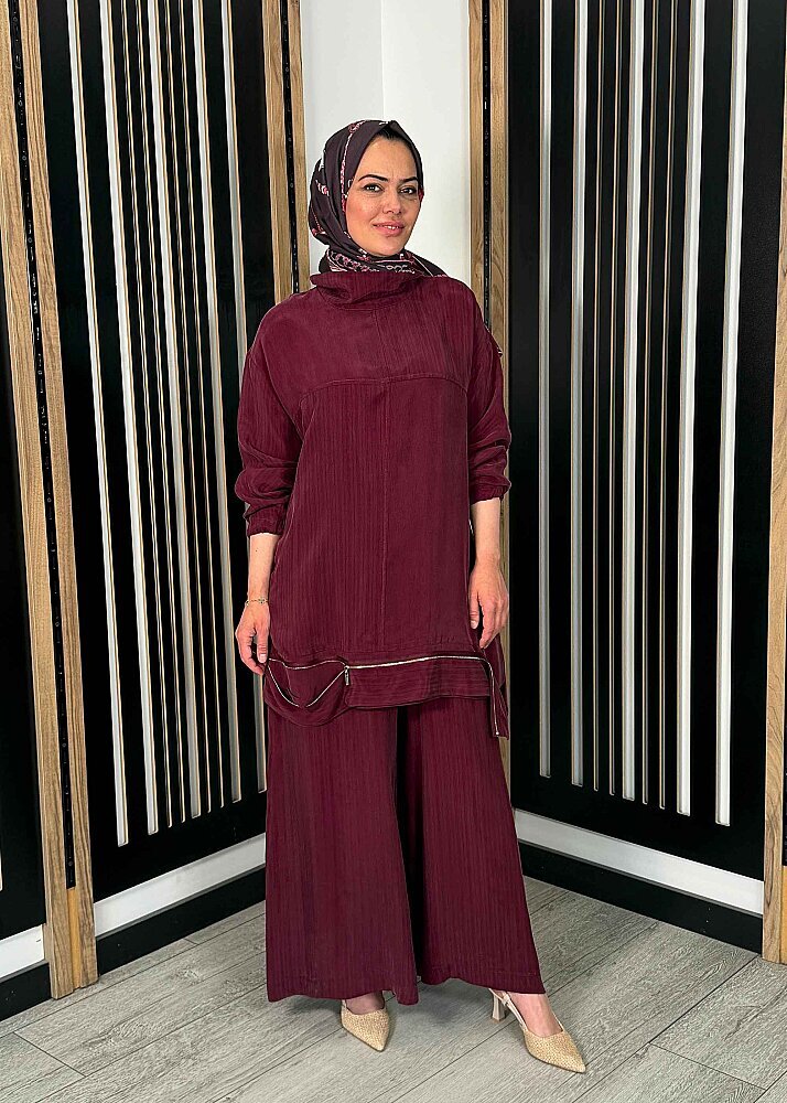 MissWhence Tuniğinin Etek Ucu Fermuar Detaylı Pantolon Takım BORDO - 2