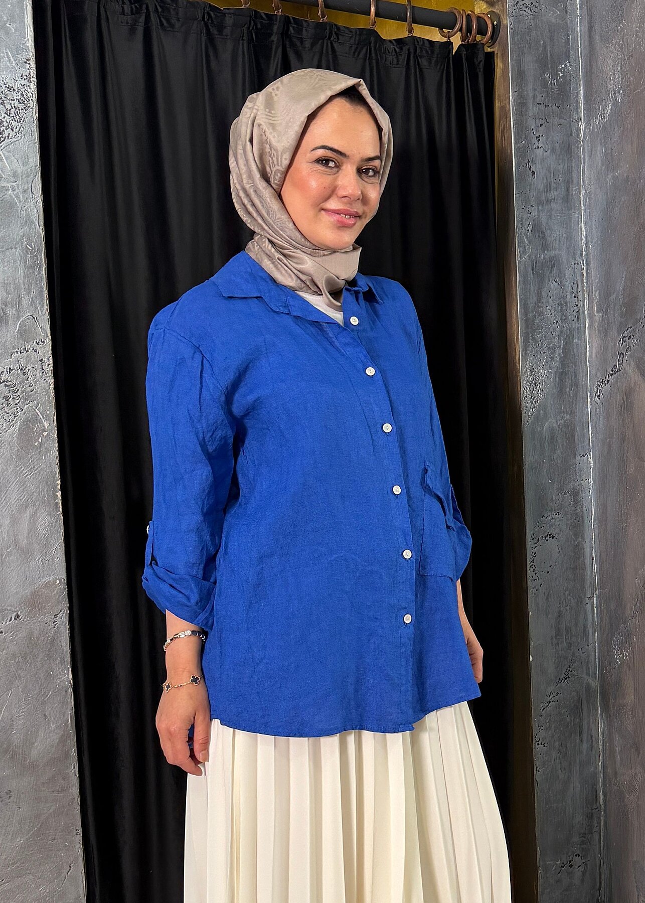 Nazlınur Collection Alt Cepli Keten Gömlek LACİVERT - 3
