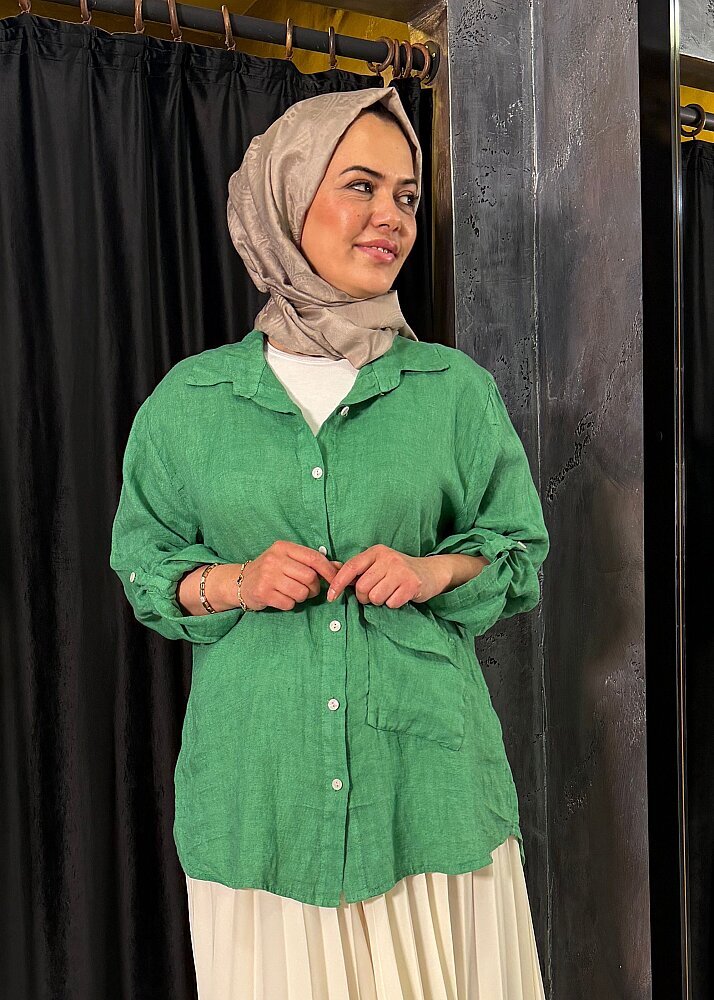 Nazlınur Collection Alt Cepli Keten Gömlek YEŞİL - 3