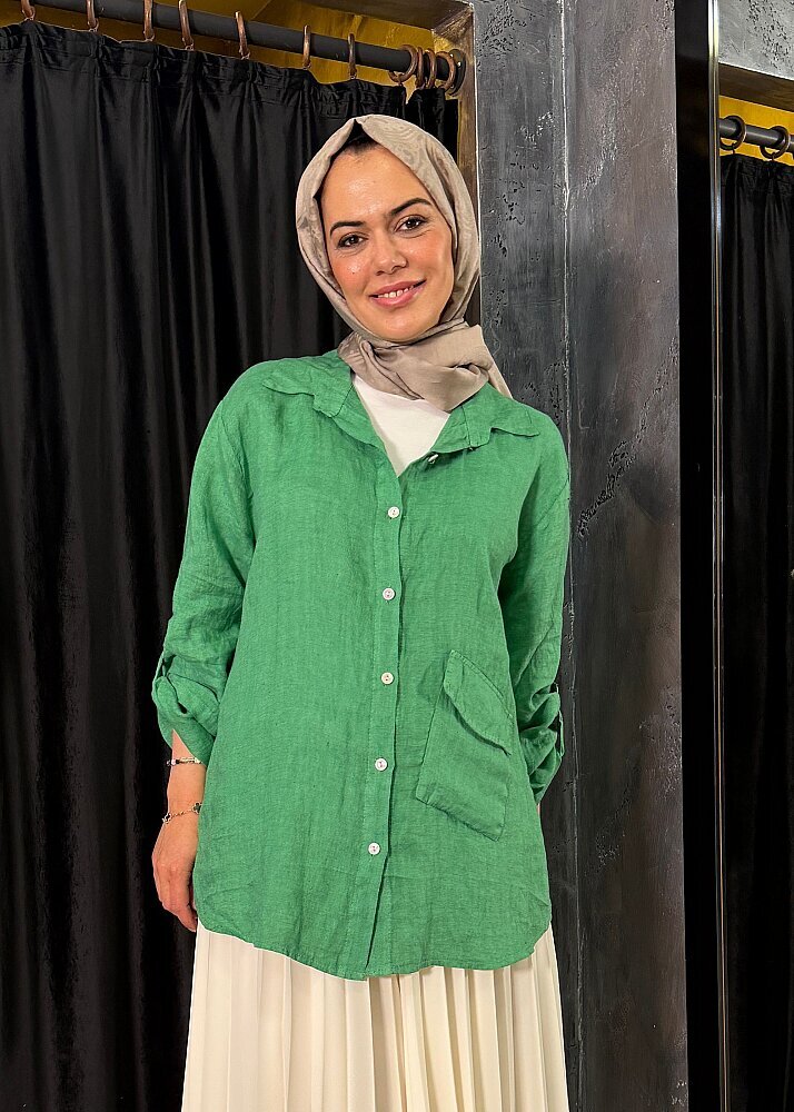 Nazlınur Collection Alt Cepli Keten Gömlek YEŞİL