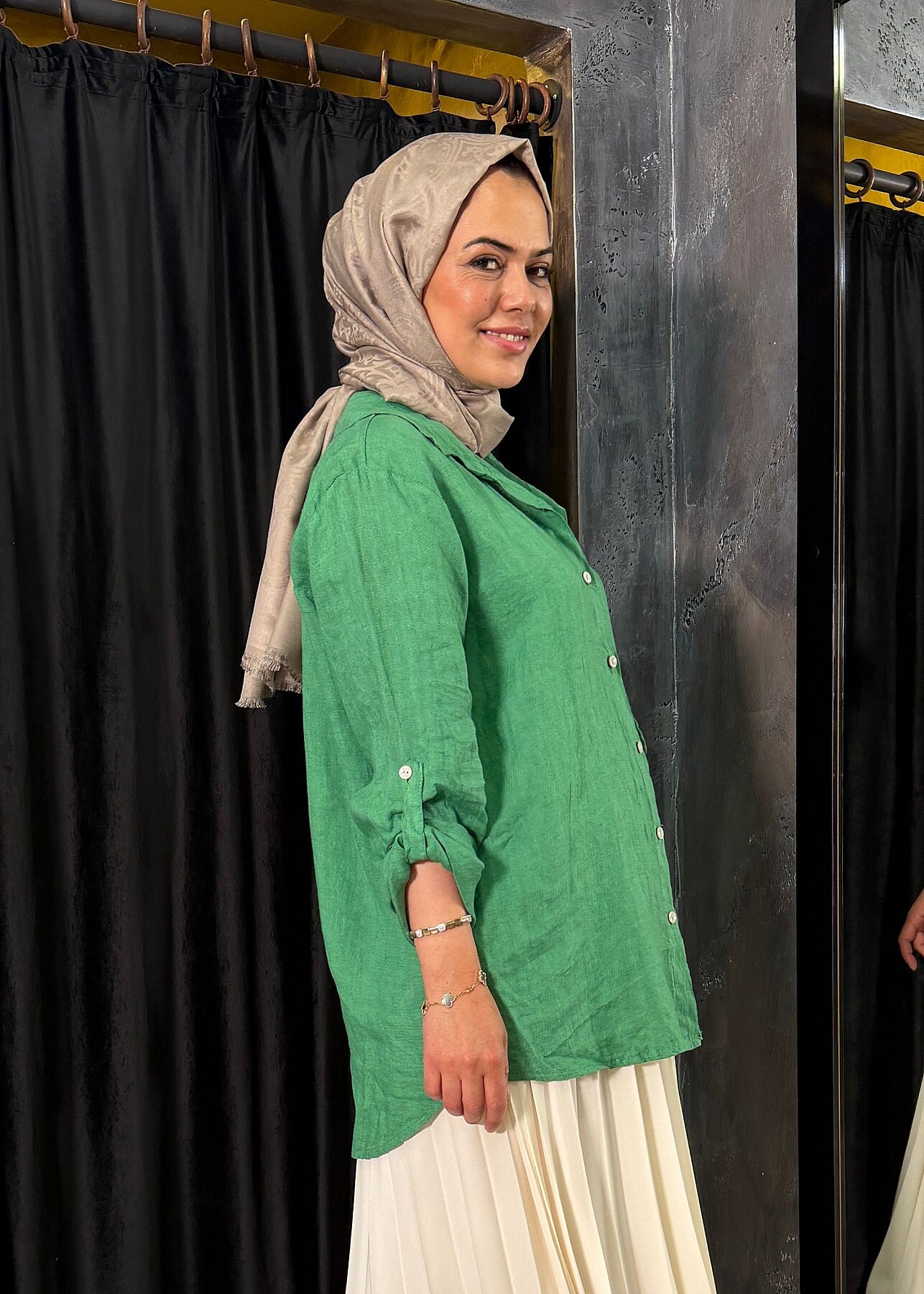 Nazlınur Collection Alt Cepli Keten Gömlek YEŞİL - 4