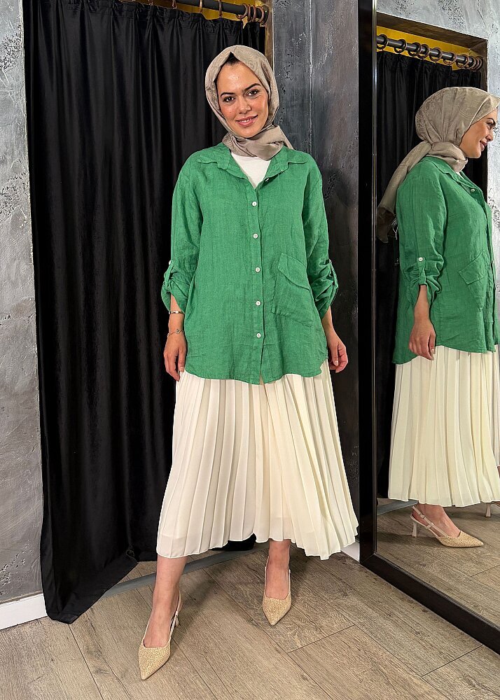 Nazlınur Collection Alt Cepli Keten Gömlek YEŞİL - 6