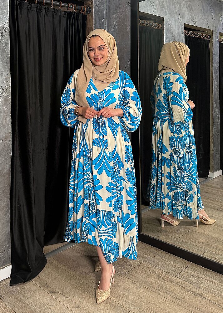 Nazlınur Collection Bileği Büzgülü Desenli Elbise MAVİ - 2