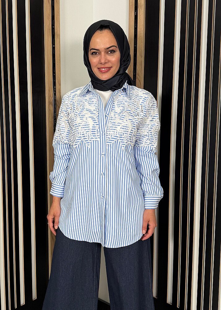 Nazlınur Collection Brode Detaylı Çizgili Gömlek MAVİ - 4