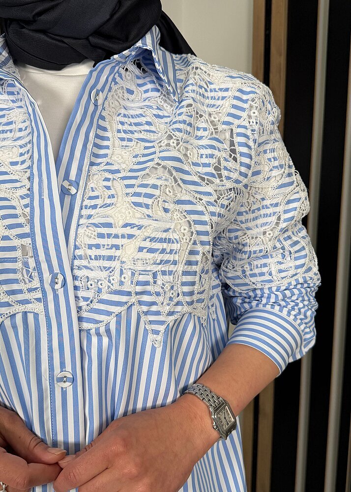 Nazlınur Collection Brode Detaylı Çizgili Gömlek MAVİ - 5