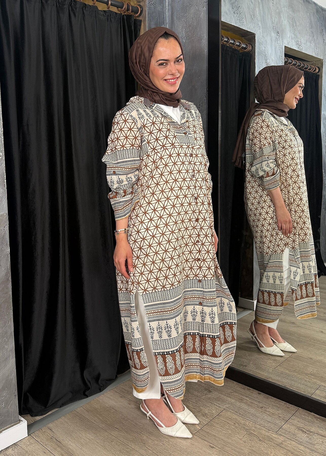 Nazlınur Collection Çift Cepli Çiçekli Elbise KAHVE - 3