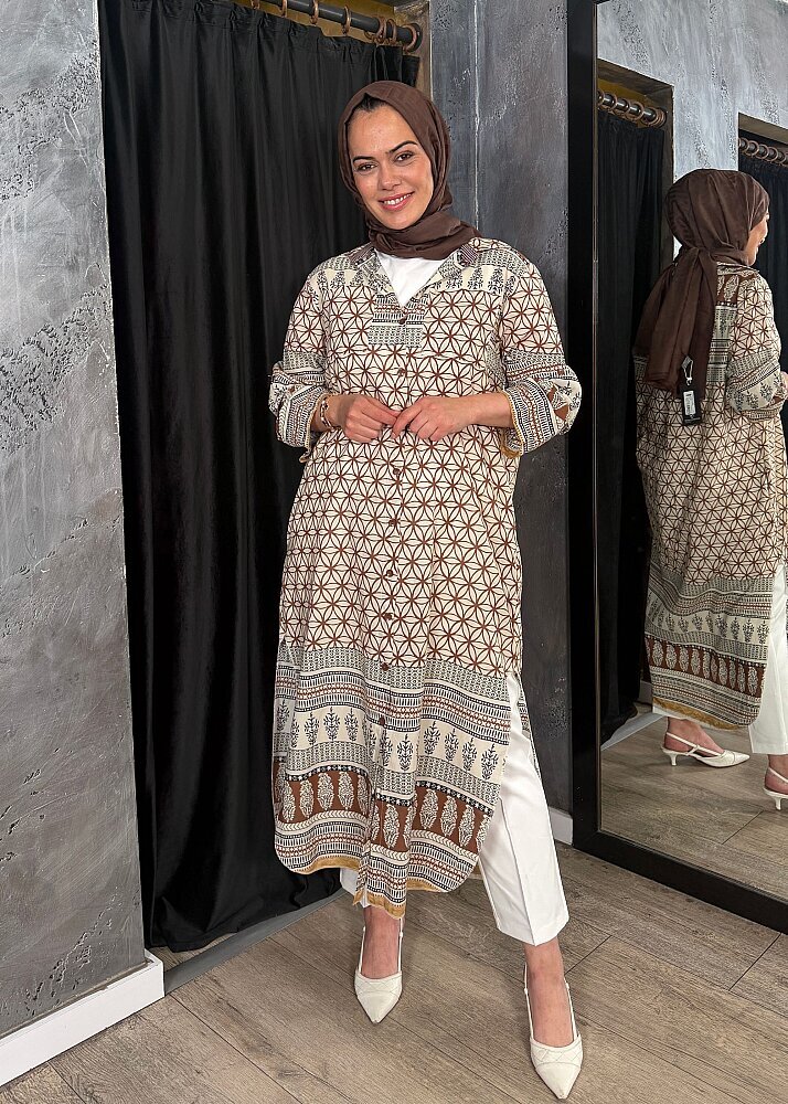 Nazlınur Collection Çift Cepli Çiçekli Elbise KAHVE - 4