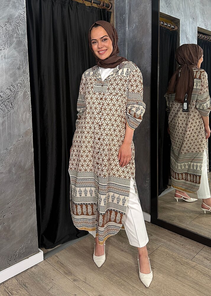 Nazlınur Collection Çift Cepli Çiçekli Elbise KAHVE - 5