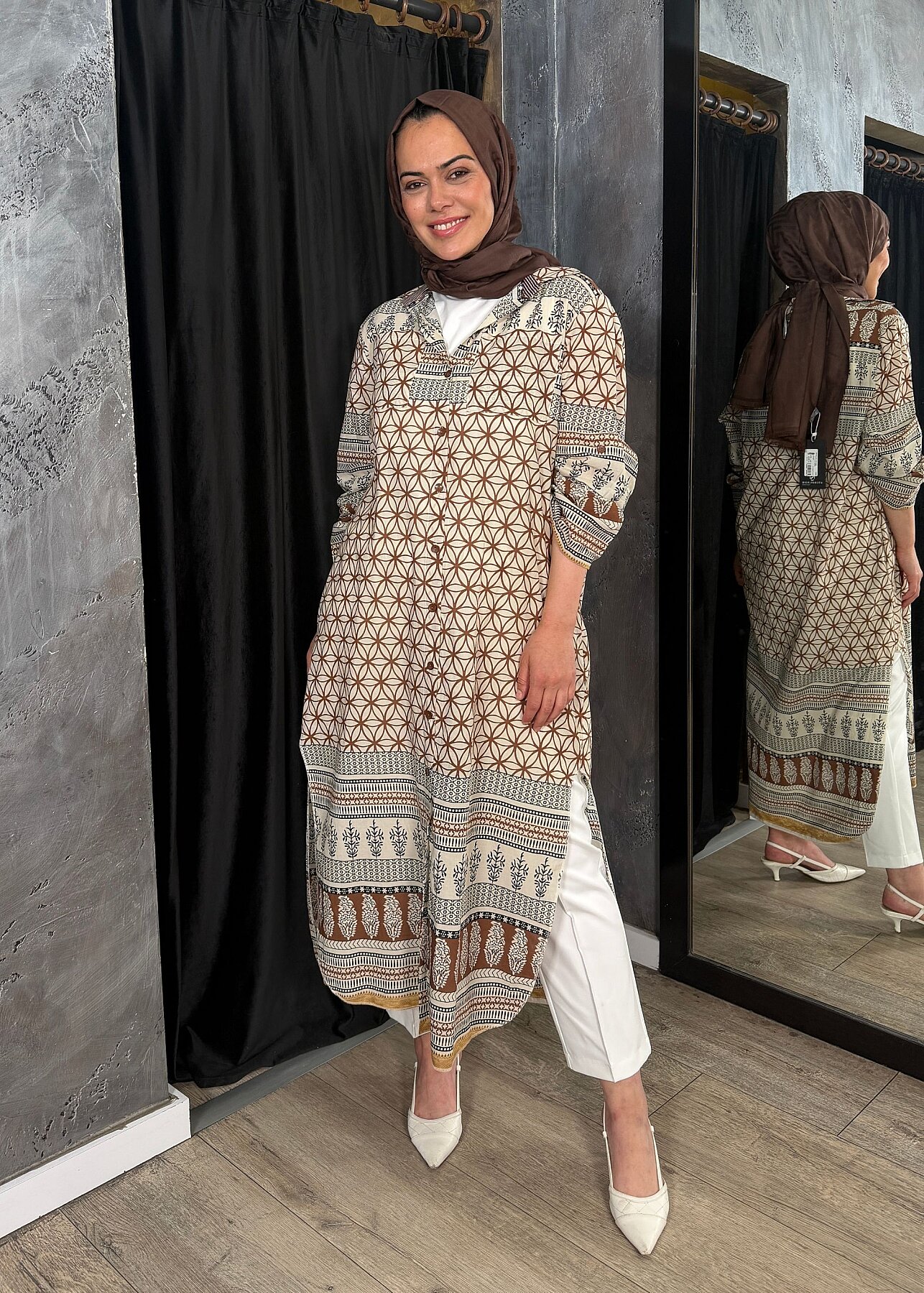 Nazlınur Collection Çift Cepli Çiçekli Elbise KAHVE - 5