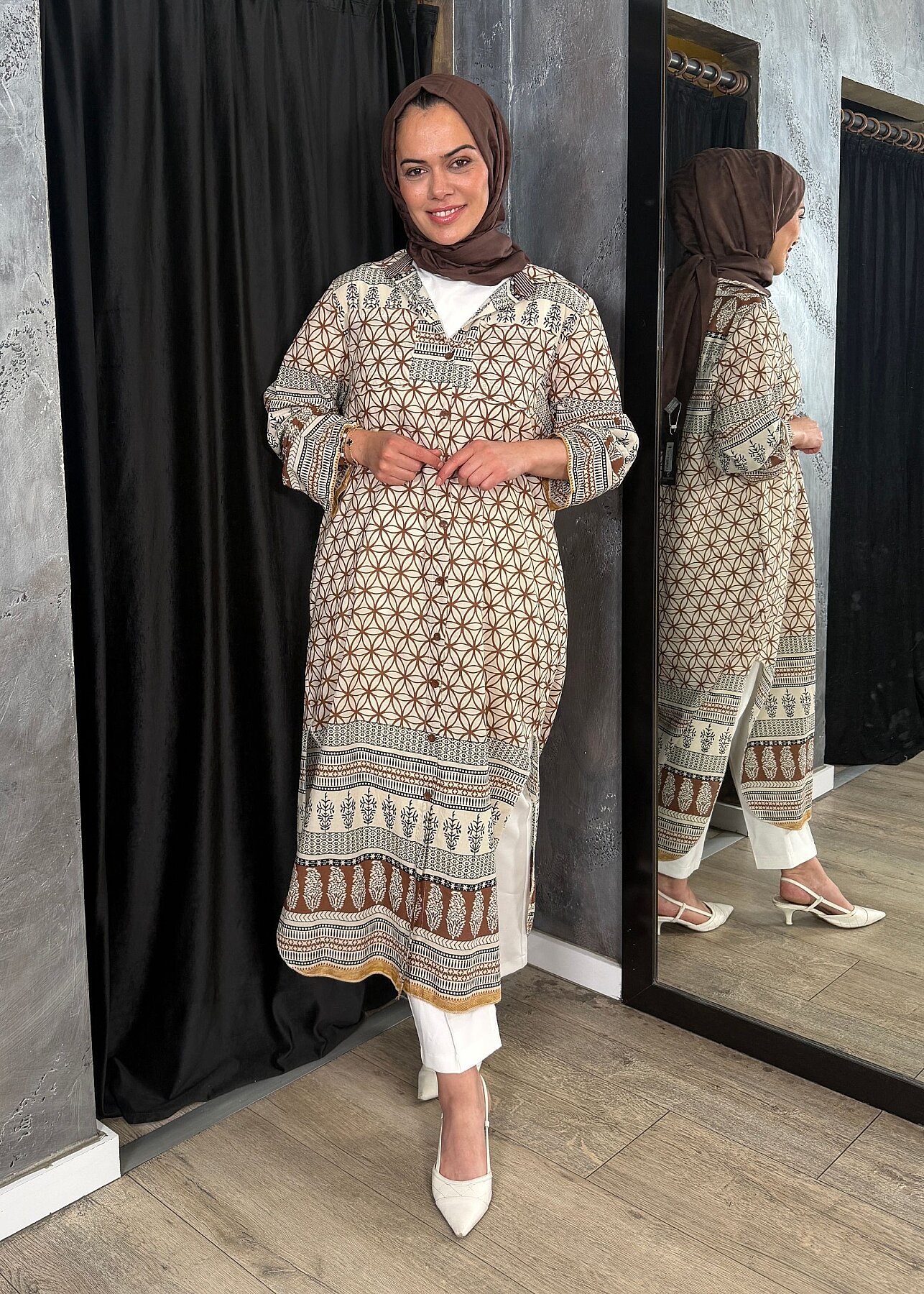 Nazlınur Collection Çift Cepli Çiçekli Elbise KAHVE - 6