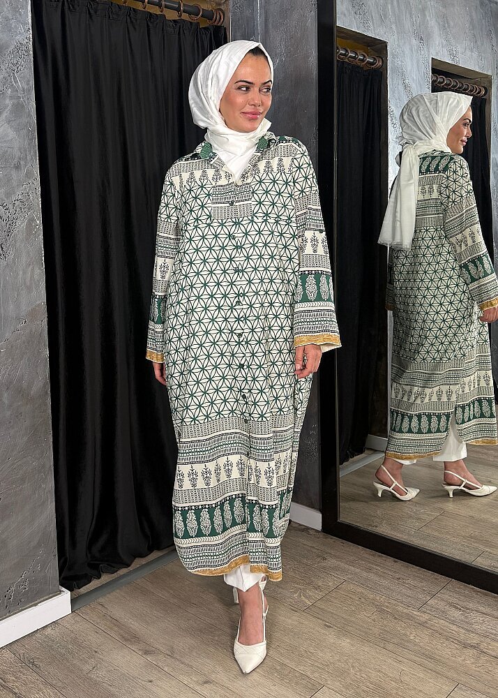 Nazlınur Collection Çift Cepli Çiçekli Elbise YEŞİL - 3