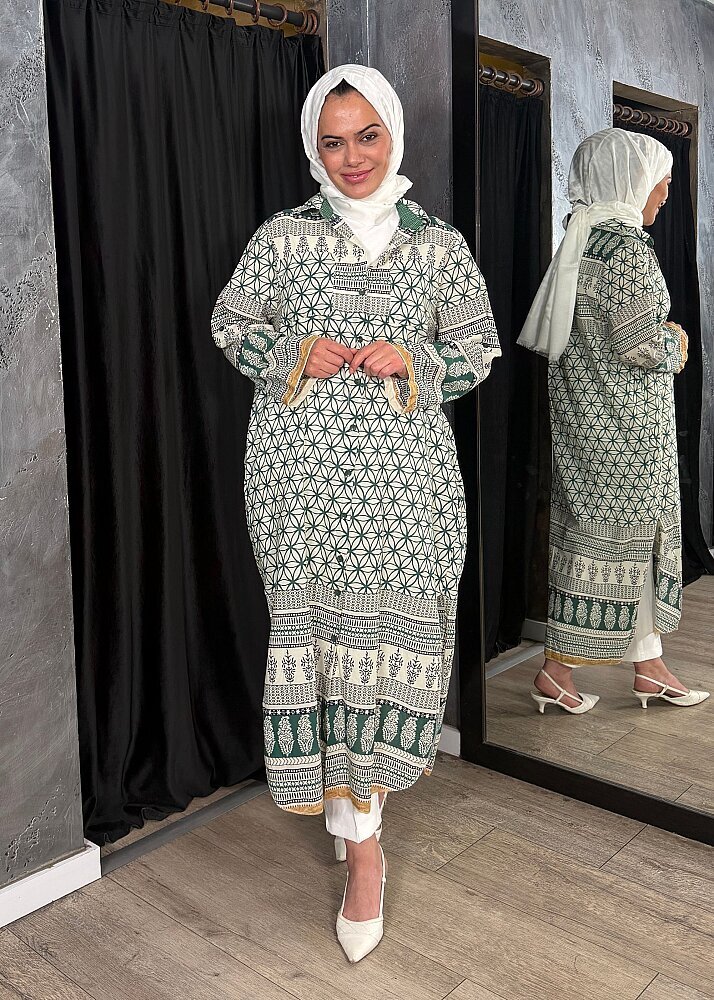 Nazlınur Collection Çift Cepli Çiçekli Elbise YEŞİL - 4