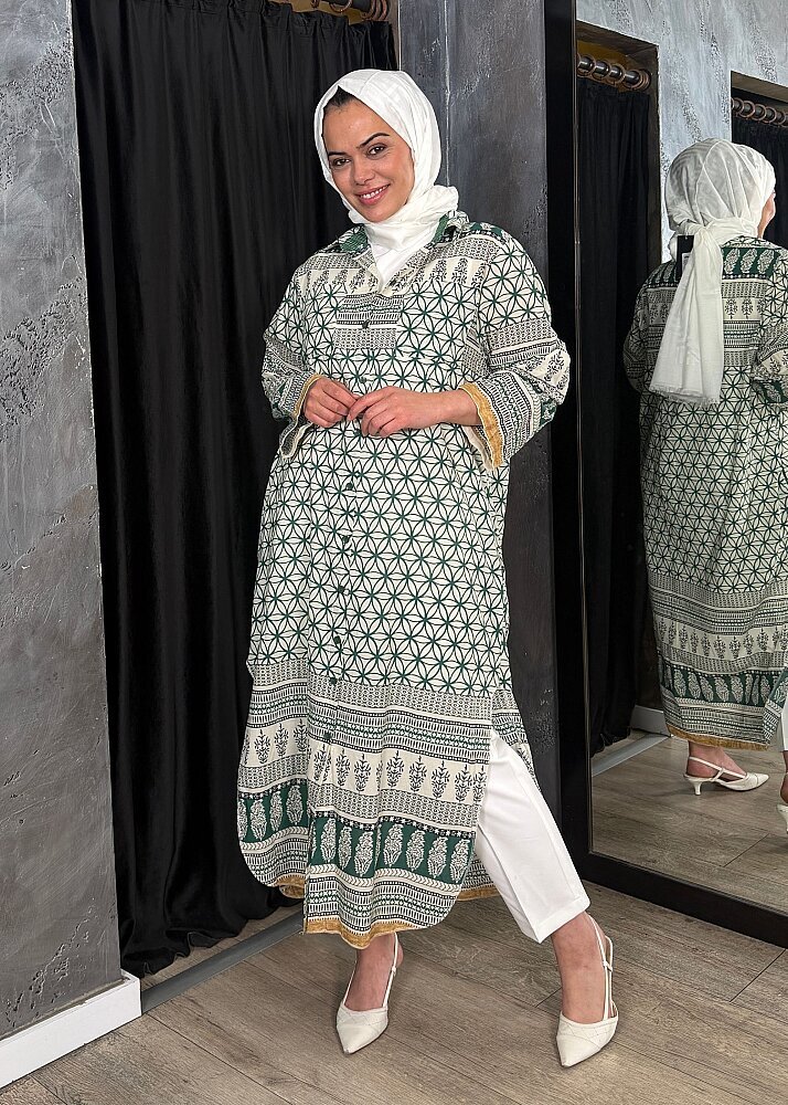 Nazlınur Collection Çift Cepli Çiçekli Elbise YEŞİL - 8