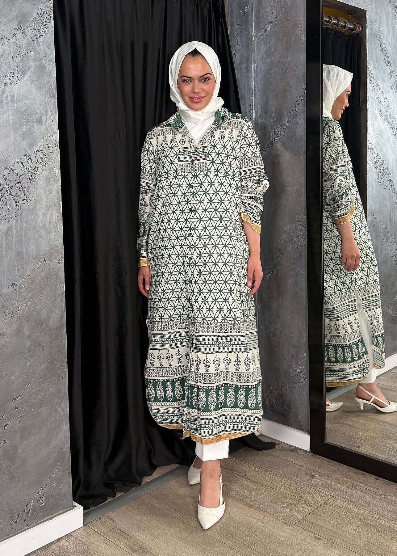 Nazlınur Collection Çift Cepli Çiçekli Elbise YEŞİL - 10