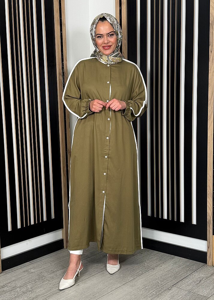 Nazlınur Collection Çizgi Detaylı Yanları Yırtmaçlı Kap HAKİ - 2