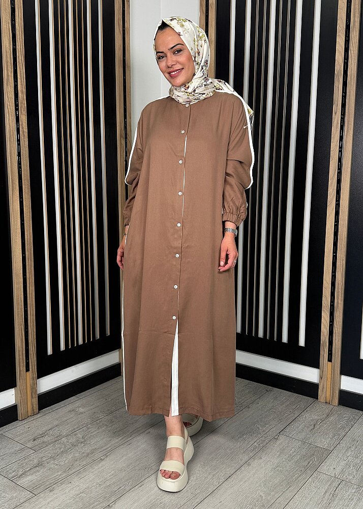 Nazlınur Collection Çizgi Detaylı Yanları Yırtmaçlı Kap KAHVE - 4