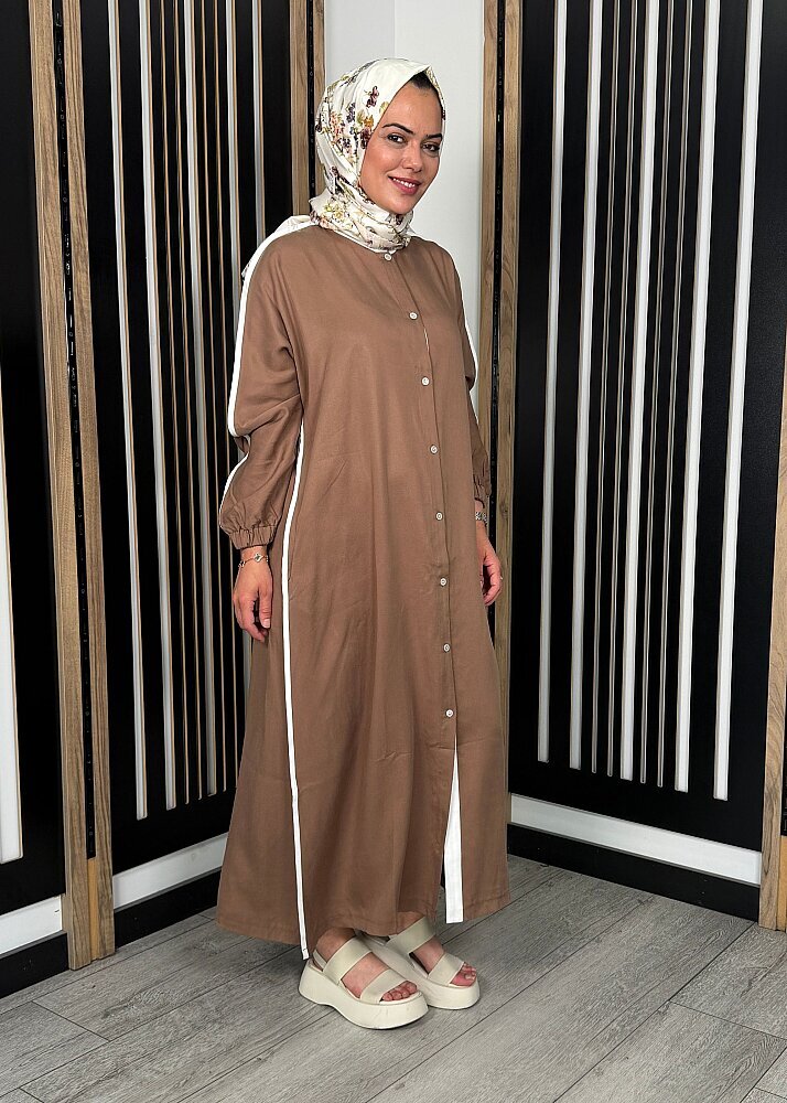 Nazlınur Collection Çizgi Detaylı Yanları Yırtmaçlı Kap KAHVE - 5