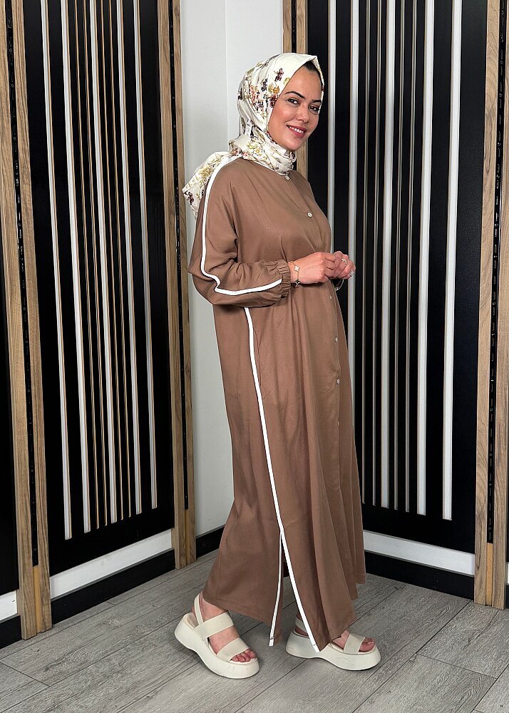 Nazlınur Collection Çizgi Detaylı Yanları Yırtmaçlı Kap KAHVE - 6