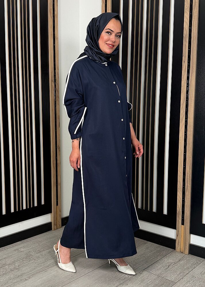 Nazlınur Collection Çizgi Detaylı Yanları Yırtmaçlı Kap LACİVERT - 3