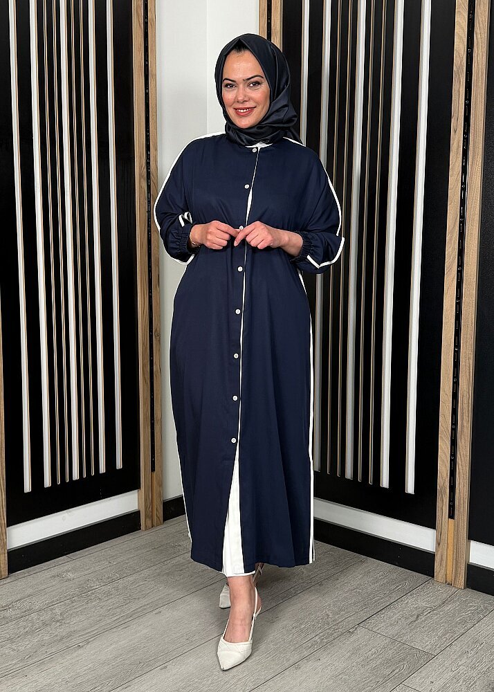 Nazlınur Collection Çizgi Detaylı Yanları Yırtmaçlı Kap LACİVERT - 6