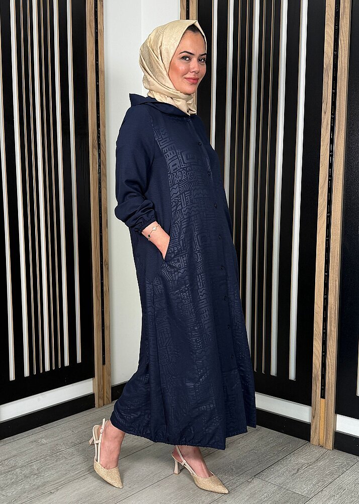 Nazlınur Collection Kendinden Desenli Kapüşonlu Düğmeli Kap LACİVERT - 3