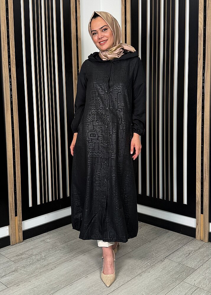 Nazlınur Collection Kendinden Desenli Kapüşonlu Düğmeli Kap SİYAH - 2
