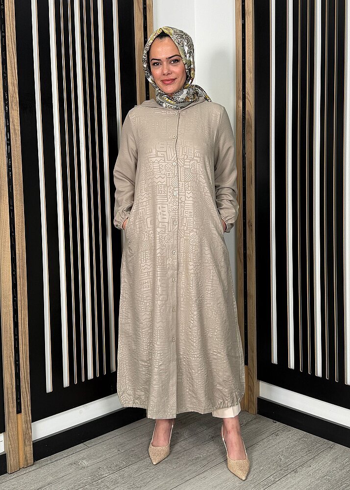 Nazlınur Collection Kendinden Desenli Kapüşonlu Düğmeli Kap TAŞ - 2
