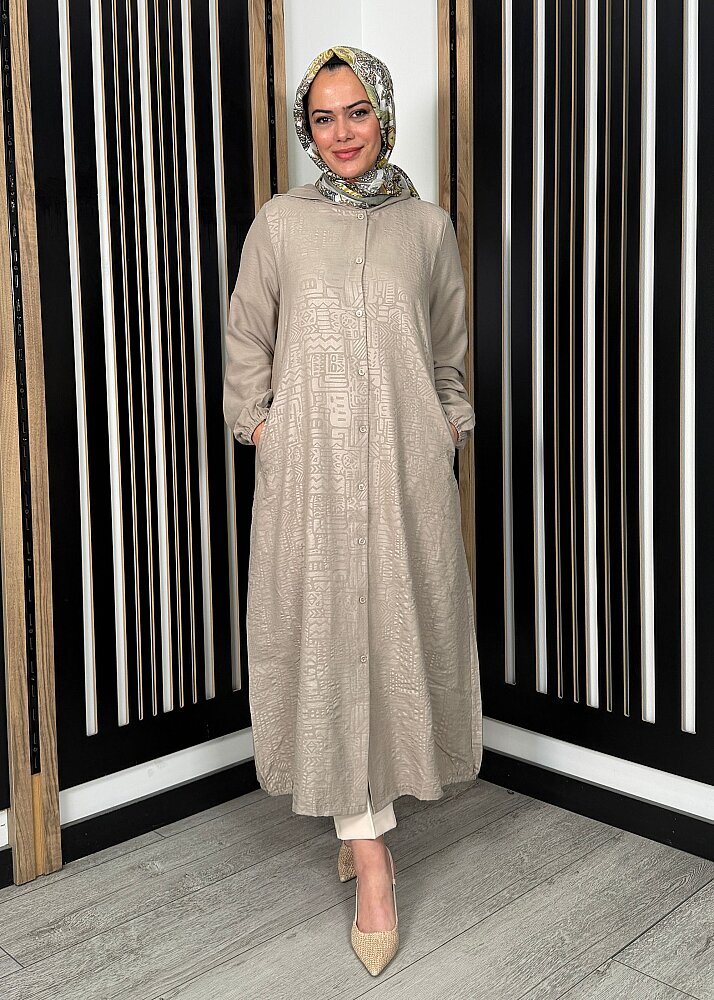 Nazlınur Collection Kendinden Desenli Kapüşonlu Düğmeli Kap TAŞ - 3