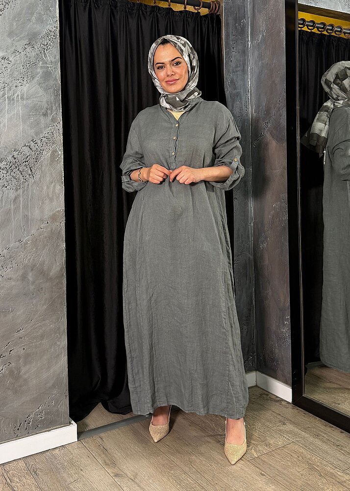 Nazlınur Collection Keten Elbise GRİ