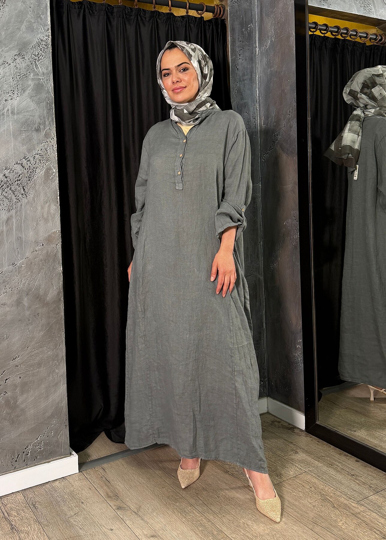 Nazlınur Collection Keten Elbise GRİ - 5