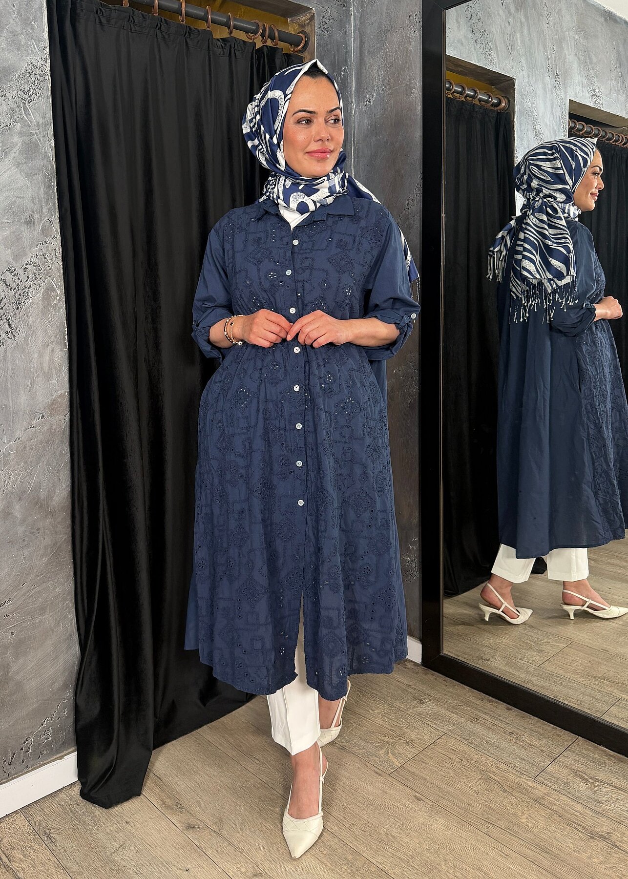 Nazlınur Collection Keten Elbise İşlemeli LACİVERT - 3