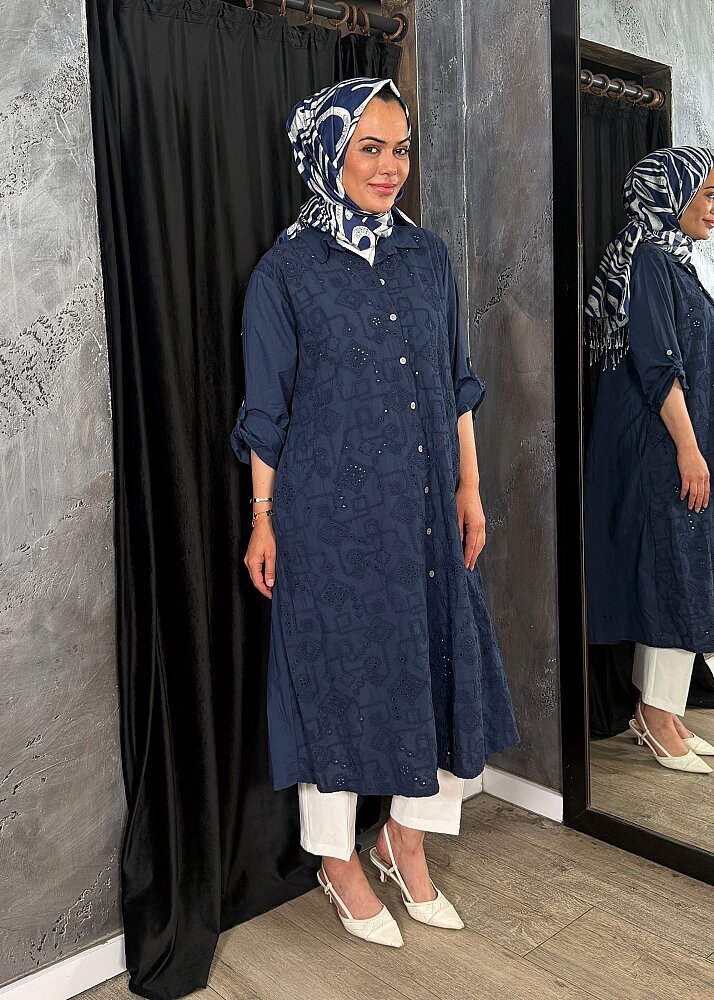 Nazlınur Collection Keten Elbise İşlemeli LACİVERT - 4