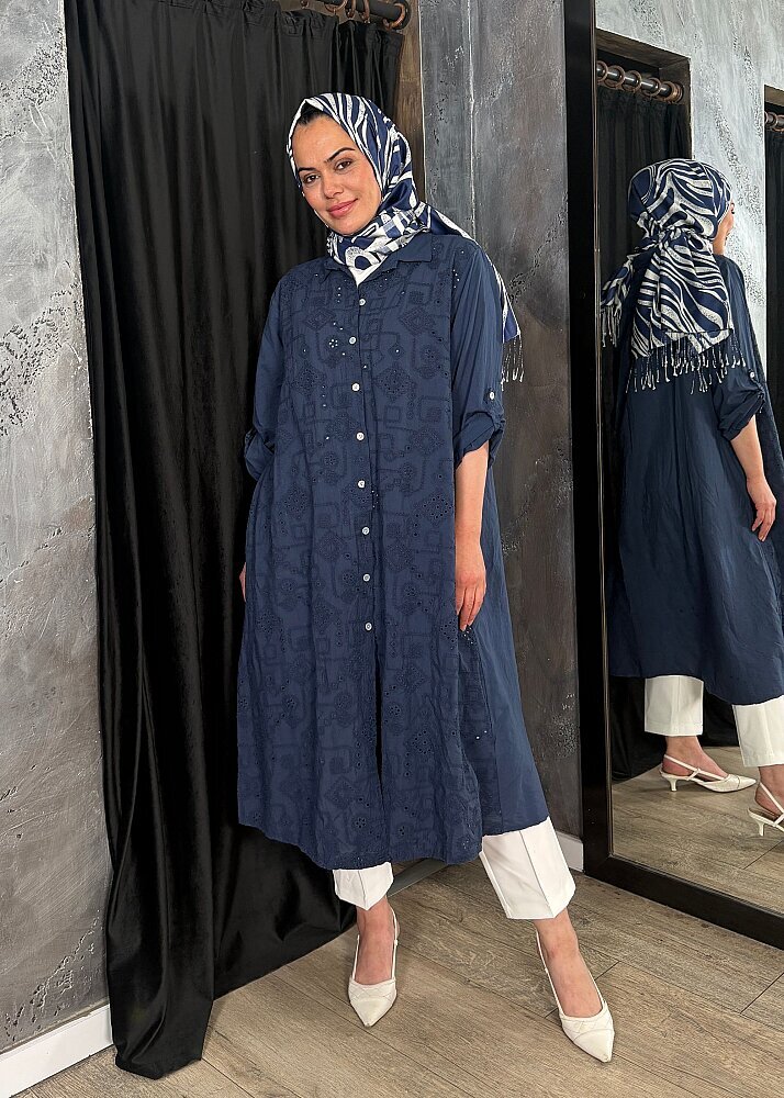 Nazlınur Collection Keten Elbise İşlemeli LACİVERT - 5