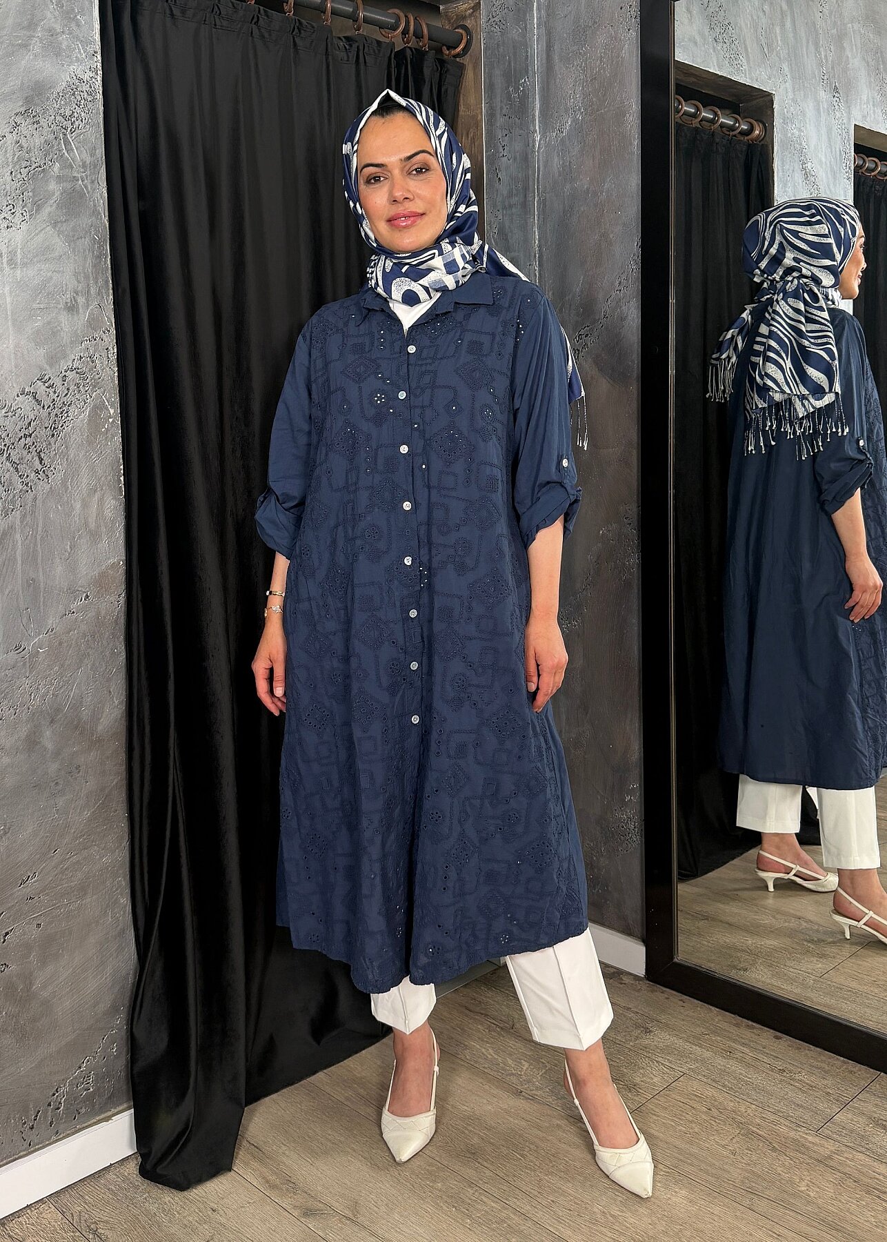 Nazlınur Collection Keten Elbise İşlemeli LACİVERT - 7