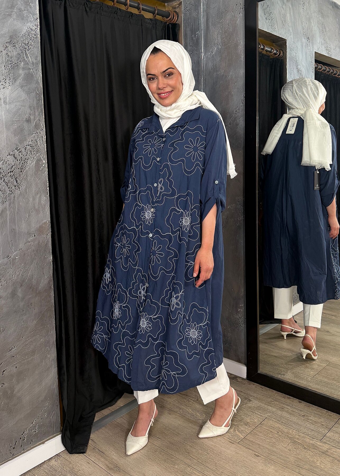 Nazlınur Collection Çiçek İşlemeli Keten Elbise LACİVERT - 8