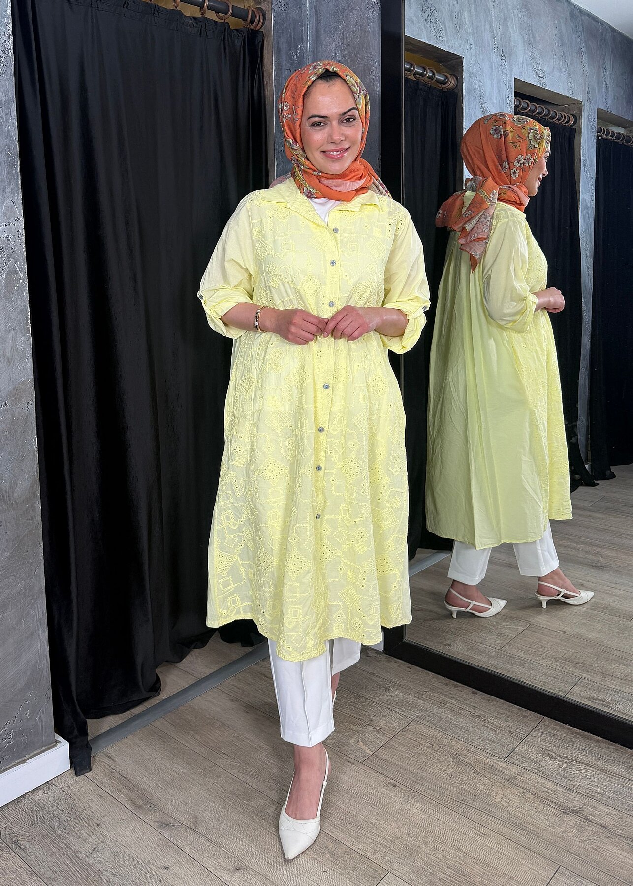 Nazlınur Collection Keten Elbise İşlemeli SARI - 1