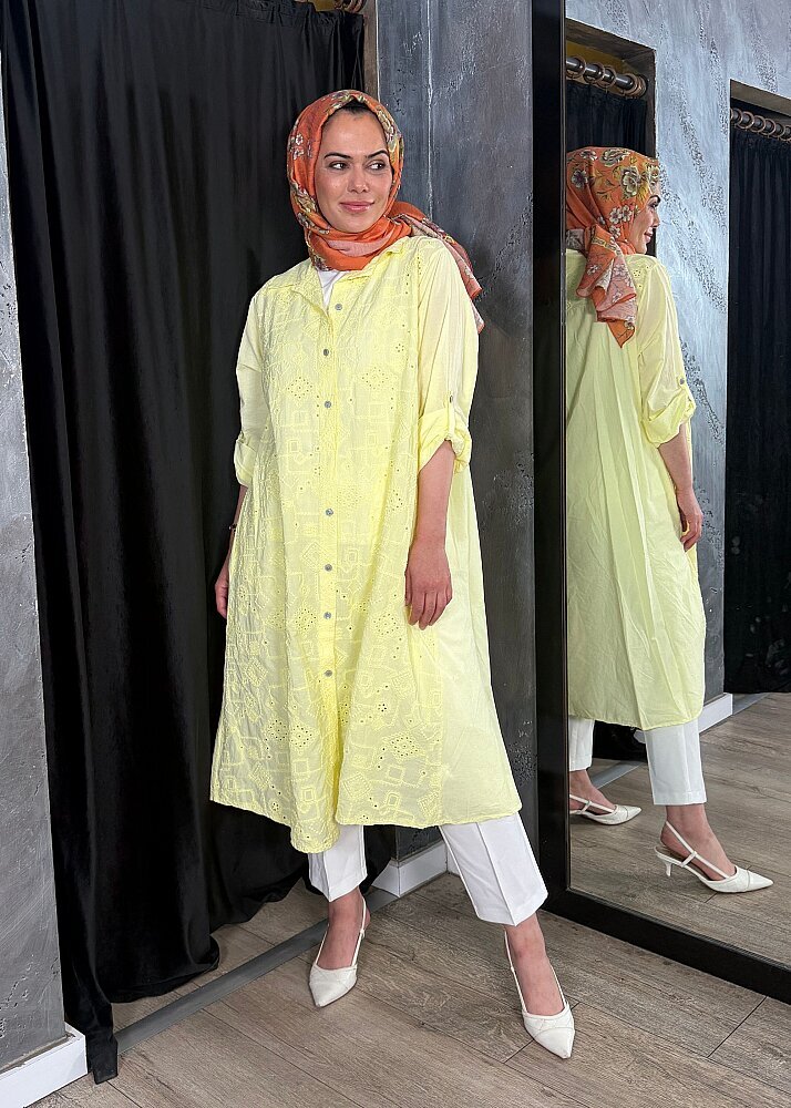 Nazlınur Collection Keten Elbise İşlemeli SARI - 4