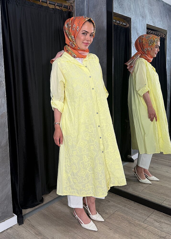 Nazlınur Collection Keten Elbise İşlemeli SARI - 6