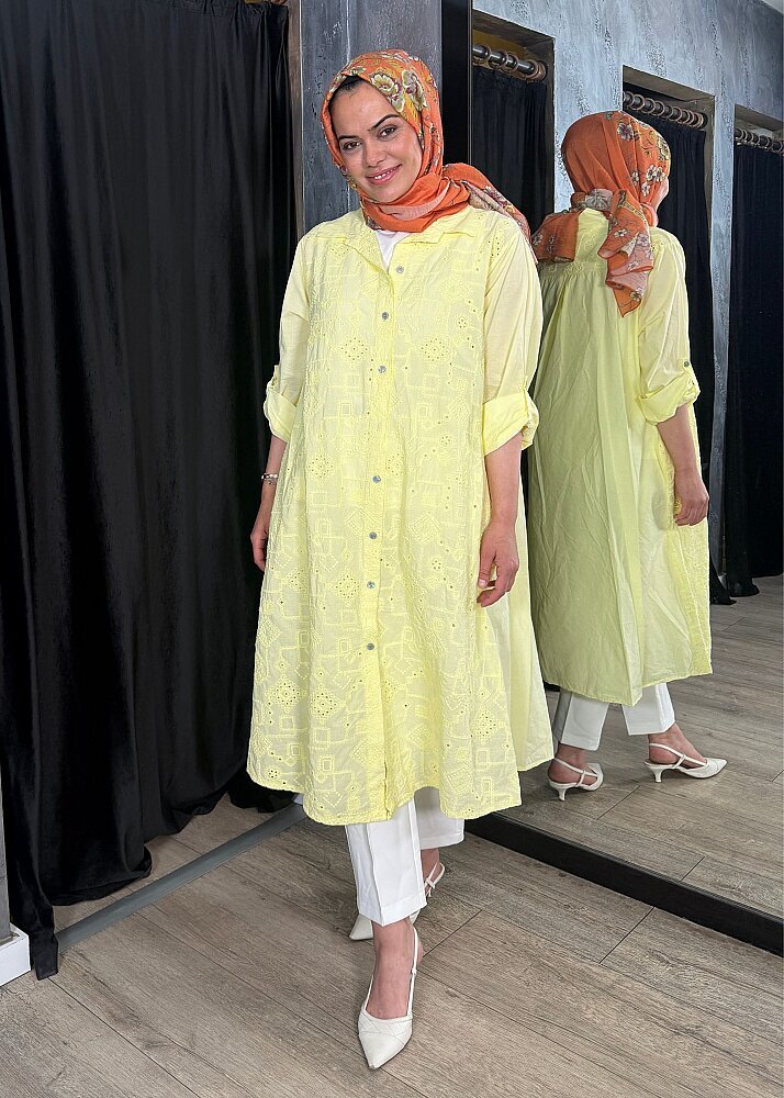 Nazlınur Collection Keten Elbise İşlemeli SARI - 7