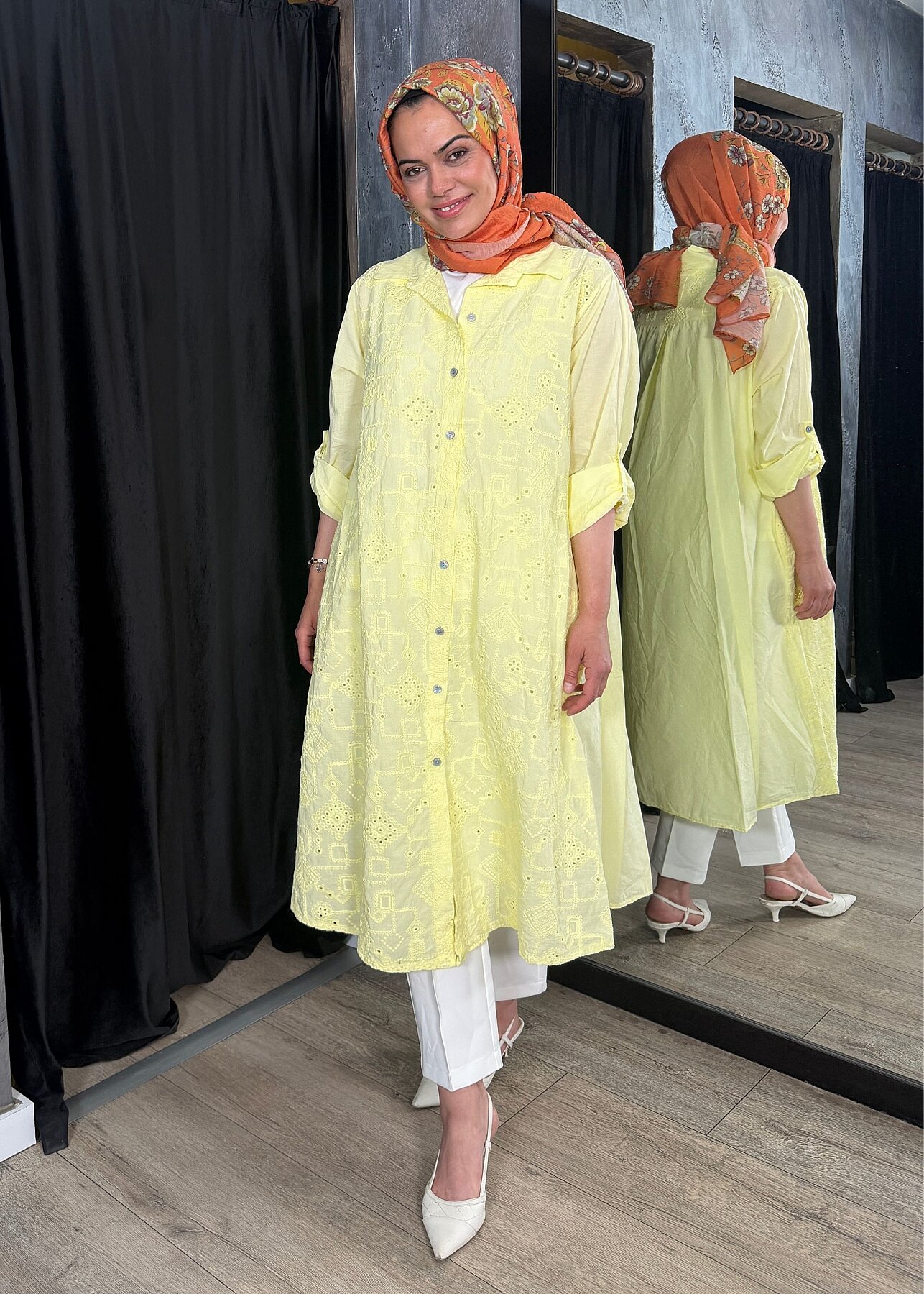 Nazlınur Collection Keten Elbise İşlemeli SARI - 7