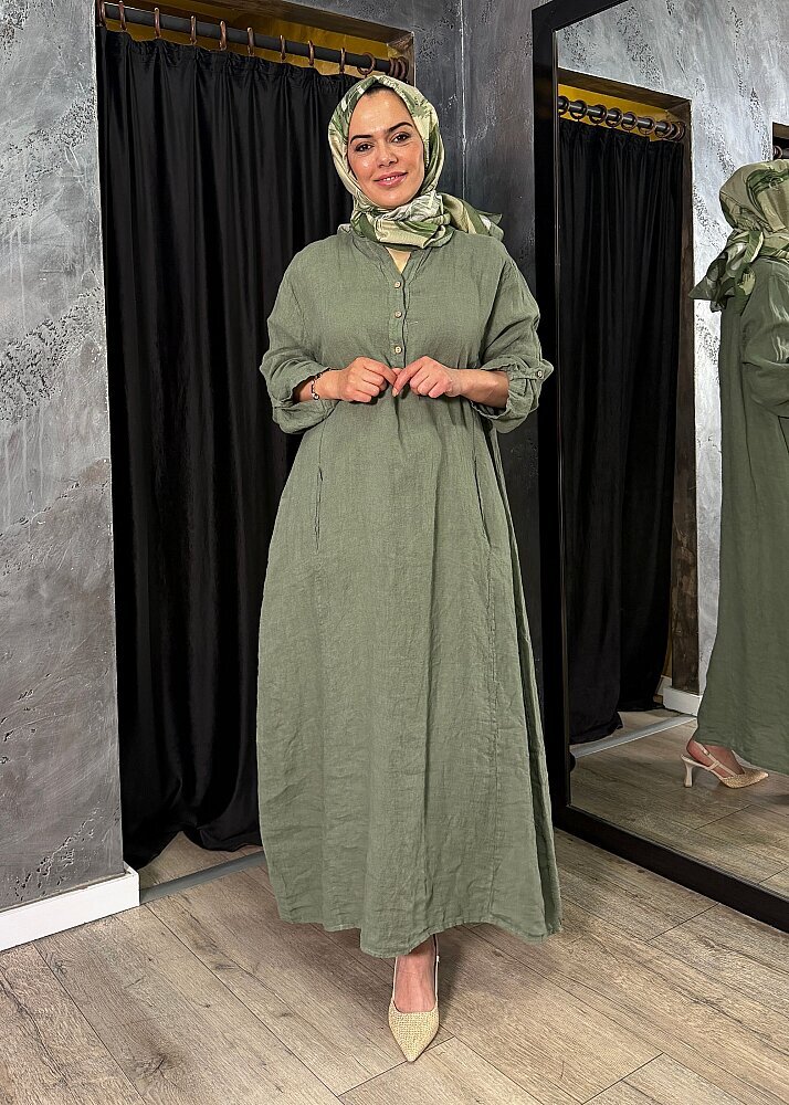 Nazlınur Collection Keten Elbise YEŞİL - 3
