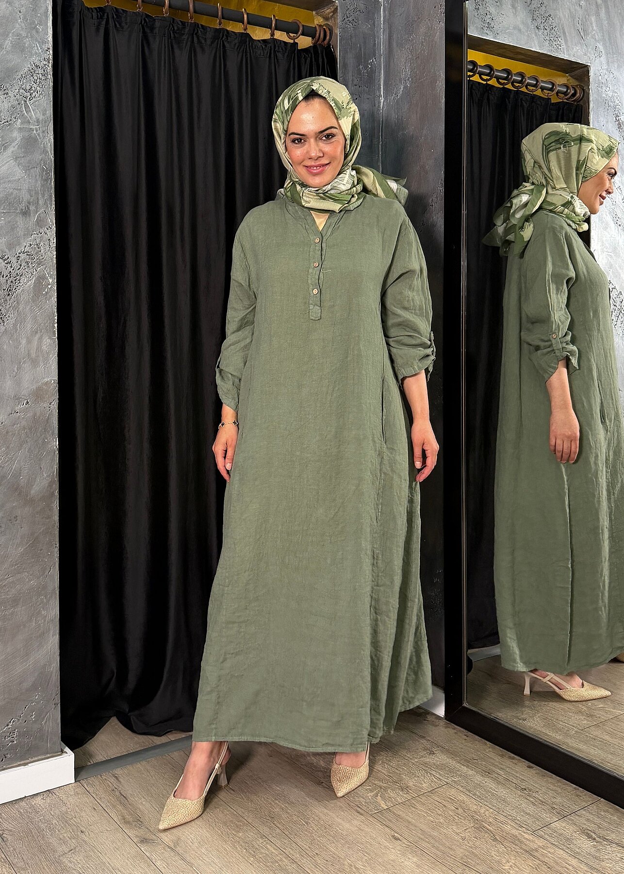 Nazlınur Collection Keten Elbise YEŞİL - 1
