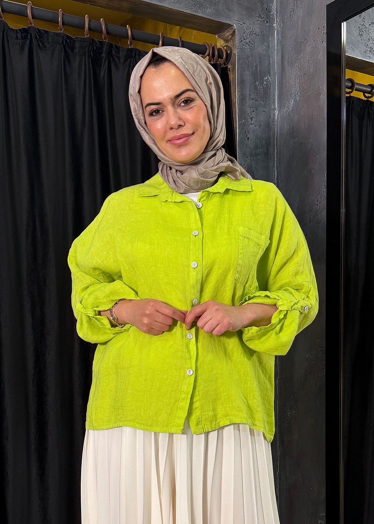 Nazlınur Collection Keten Gömlek FISTIK YEŞİLİ - 1
